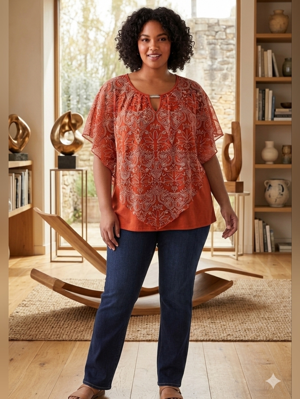 NY Collection Women’s Rust Orange Embroidered Overlay Top - Size Small